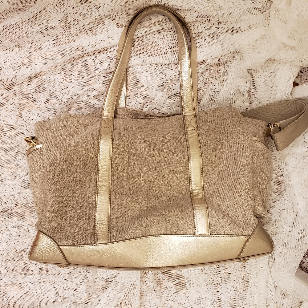 Pottery Barn Canvas & Leather Diaper Bag Tote – Gold Trim – Spacious!